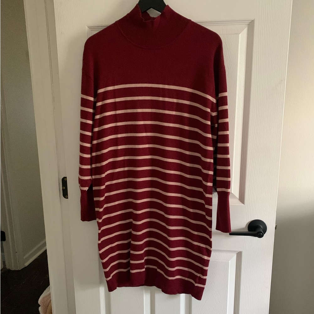 Elegant Burgundy Striped Long Sleeve Dress